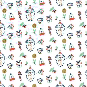 Pattern with Santa, Gift, Cookies and Candy Cane vector