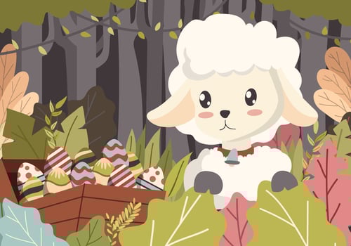 Happy Sheep Hunting Easter Eggs Vector Background Illustration