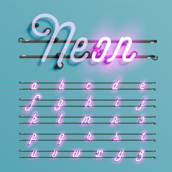 Realistic neon font with wires and console, vector illustration