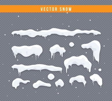 Snow caps, snowballs and snowdrifts set. Snow cap vector collection. Winter decoration element. Snowy elements on winter background. Cartoon template. Snowfall and snowflakes in motion. Illustration.