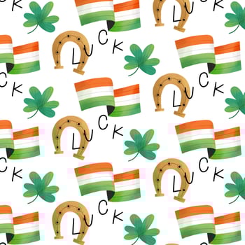 Cute Irish Pattern With Ireland Flag, Horseshoe, Clover And Luck Text vector