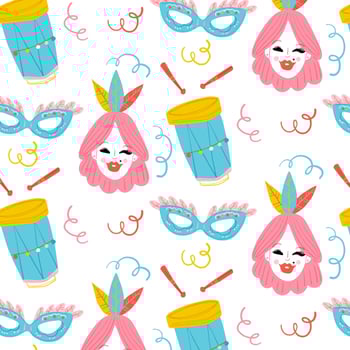 Cute Carnival Pattern With Woman, Drum And Mask vector