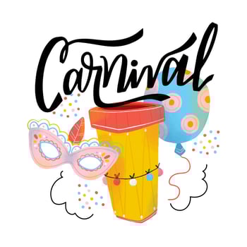 Cute Carnival Mask, Ballon, Drum And Lettering vector