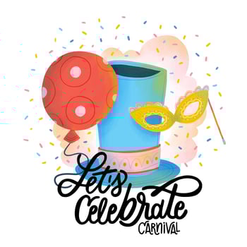 Cute Carnival Mask, Party Hat, Red Ballon, Confetti And Lettering vector