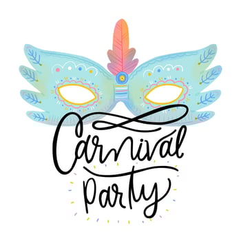 Blue Carnival Mask With Ornaments And Feather With Lettering vector
