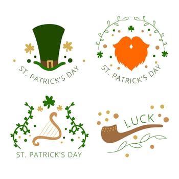 Cute St. Patrick's day Badge With Hat, Orange Beard, Pipe And Clover vector