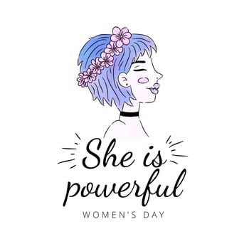 Girl With Blue Hair And Pink Flower Crown To Women's Day  vector