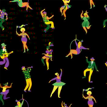 Mardi gras. Seamless pattern with funny dancing men and women in bright costumes vector
