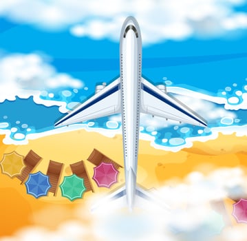 Scene with airplane flying over the ocean vector