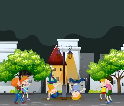 Many kids dancing in the neighborhood park vector