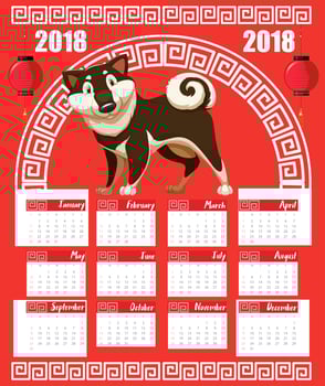 Calendar template with dog year for 2018 vector