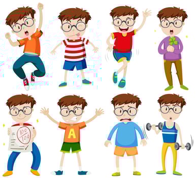 Boy with glasses in different actions vector