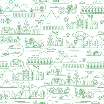 Vector seamless pattern with forest flora and fauna.