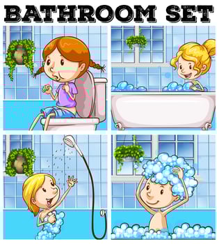 Girls in bathroom and toilet vector