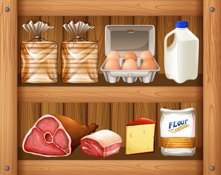 Different kinds of food on wooden shelf vector