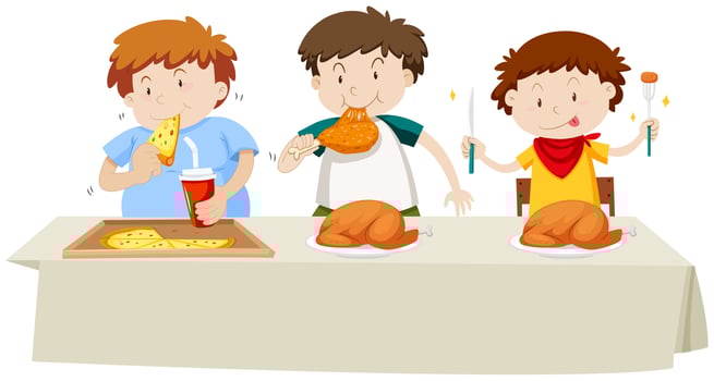 Three boys eating chicken and pizza at the dining table vector