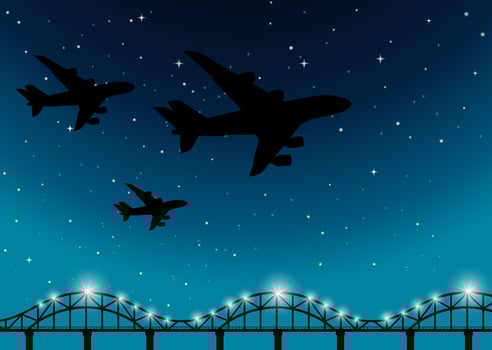 Background scene with airplanes flying at night vector