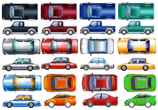 Set of cars and trucks in many colors vector