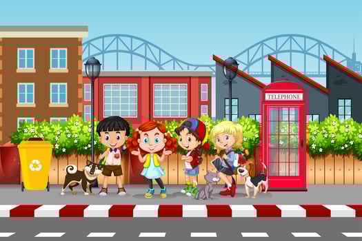 Kids and pets street scene vector