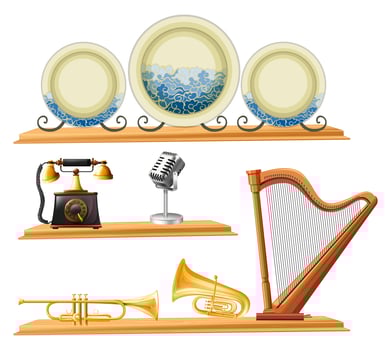 Vintage items and musical instruments on wooden shelves vector