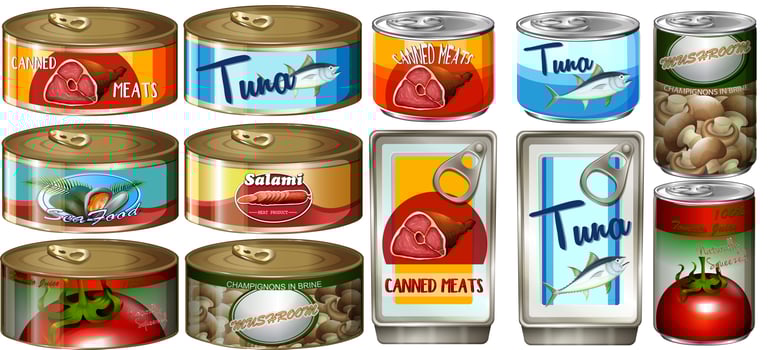 Different food in aluminum cans vector