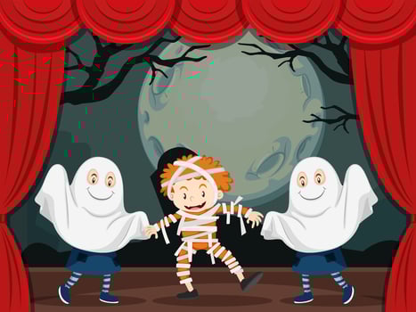 Ghosts and mummy on stage play vector