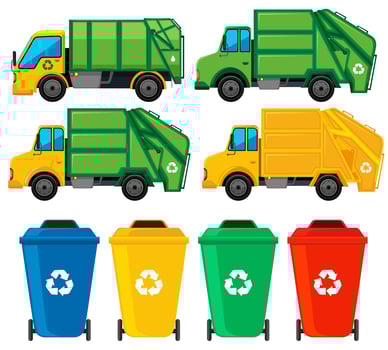 Rubbish cans and trucks vector