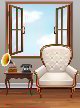Room with white  armchair and vintage phone vector