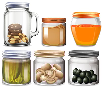 Different types of food in jars vector