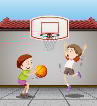 Two boys playing basketball at home vector