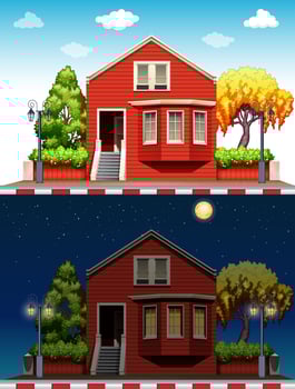 Single house at daytime and nighttime vector