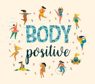 Body positive. Happy plus size girls and active healthy lifestyle. vector