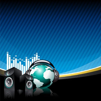 music illustration with speaker and globe with headphone on blue background vector