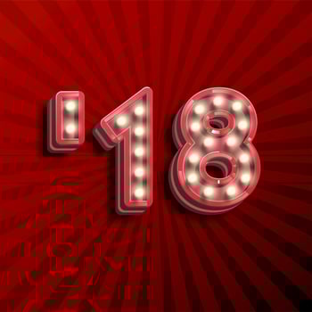 '18 3D text for the new year with lightbulbs glowing, vector illustration