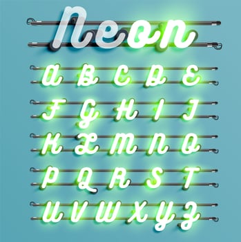 Realistic neon font with wires and console, vector illustration