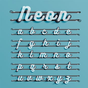 Realistic neon font with wires and console, vector illustration