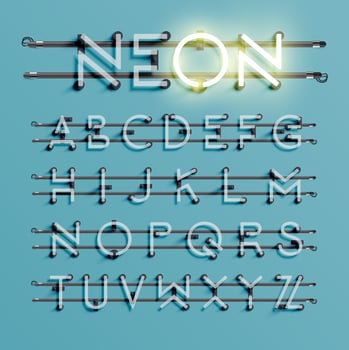 Realistic neon font with wires and console, vector illustration