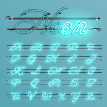 Realistic neon font with wires and console, vector illustration