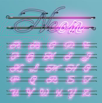 Realistic neon font with wires and console, vector illustration