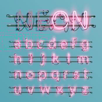 Realistic neon font with wires and console, vector illustration