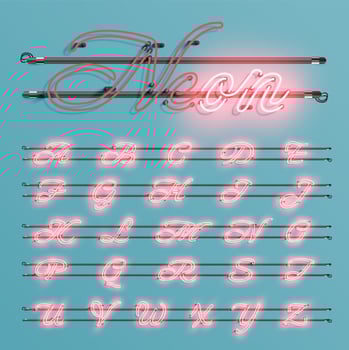 Realistic neon font with wires and console, vector illustration