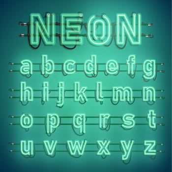 Realistic neon font with wires and console, vector illustration