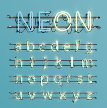 Realistic neon font with wires and console, vector illustration