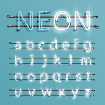 Realistic neon font with wires and console, vector illustration