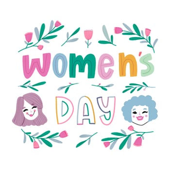 Cute Girls With Colorful Girls, Flowers Around And Colorful Lettering vector