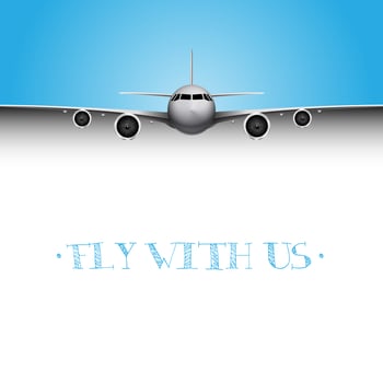 Realistic plane with 'Fly with us' title, business vector flyer