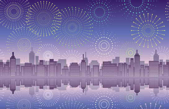 Seamless cityscape with celebration fireworks. vector