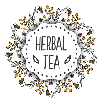 Herbal tea tags background. Round frame with herbs vector