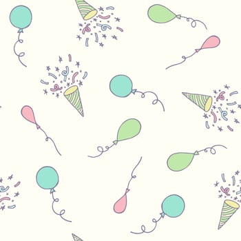 Birthday party seamless pattern with balloons and confetti. Hand drawn celebration decorations background vector