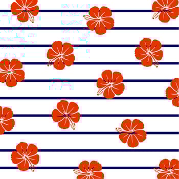 Red hibiscus on marine stripes.  vector